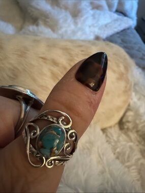 Turquoise popper blue  Stone Silver Filigree Statement Ring - Teal Blue